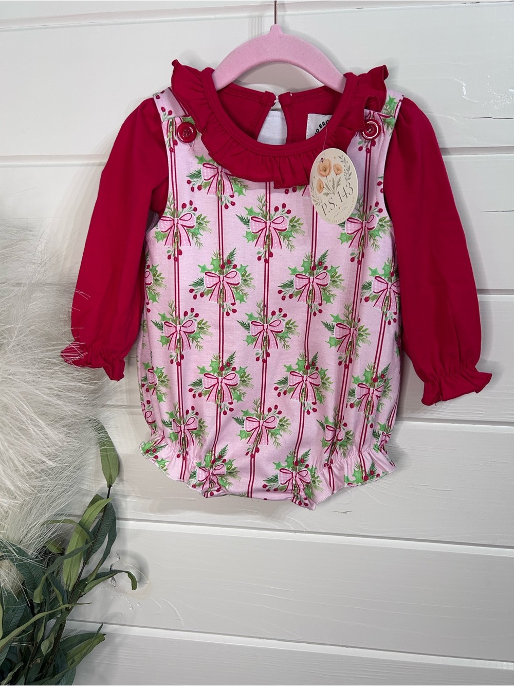 Holiday Bow Print Pink and Red Baby bubble -